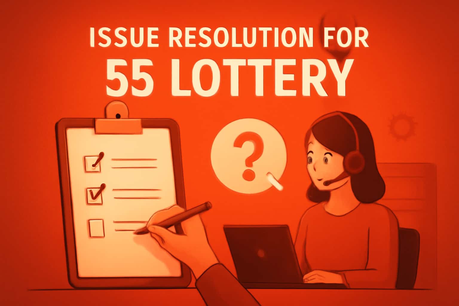 An informational graphic illustrating the issue resolution process for 55 Lottery.